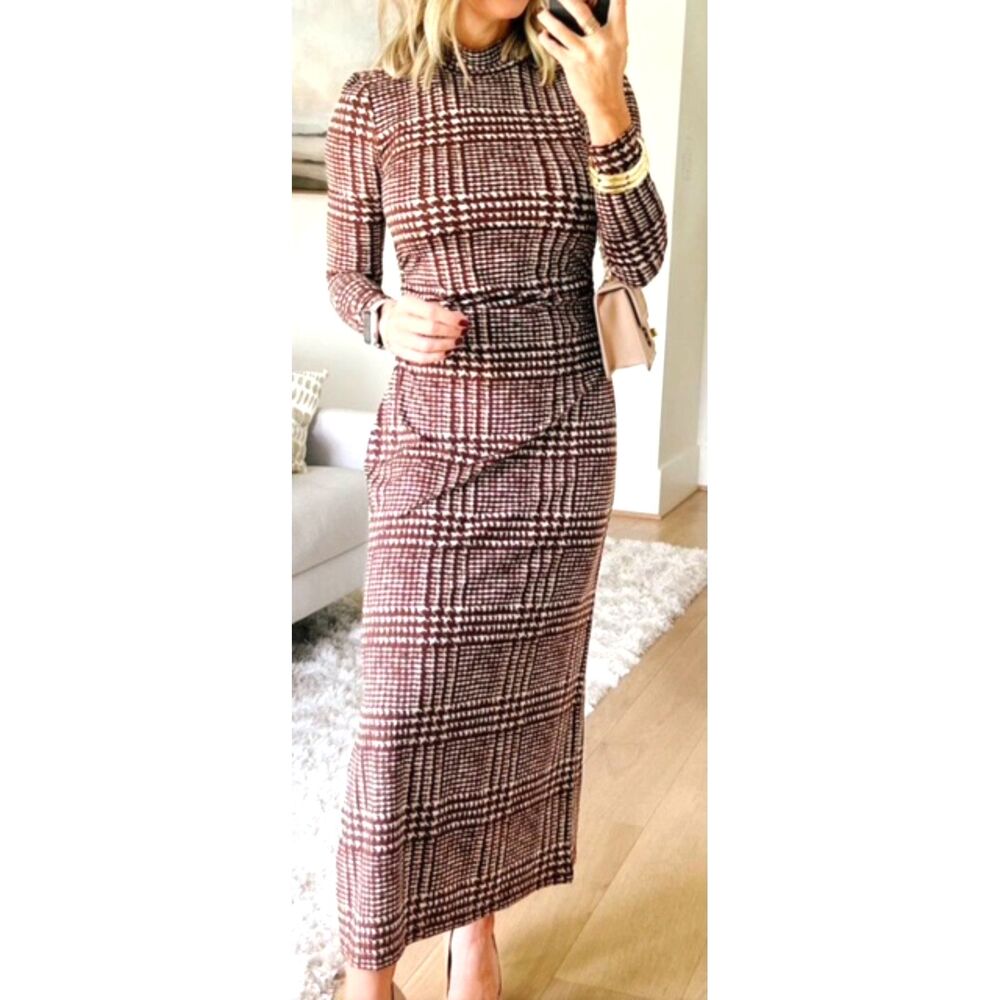 LOFT NWT Houndstooth Monochrome Plaid Mock Neck Lush & Stretchy Midi Dress M